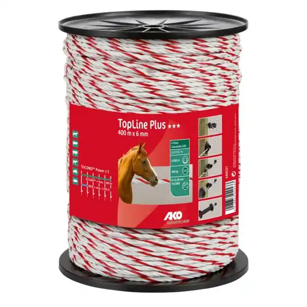 Geprüft Weidezaunseil TopLine Plus 400m x 6mm weiß / rot