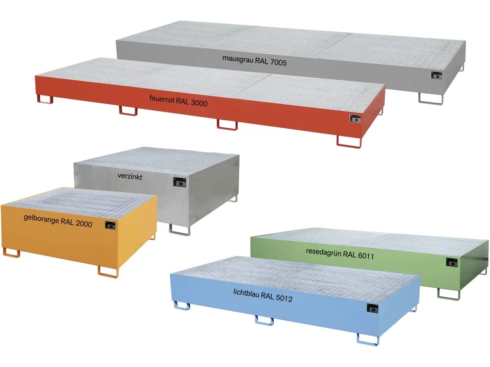BAUER® SÜDLOHN Auffangwanne "AW 1000" für Kleingebinde, 60/200 l-Fässer, IBC-Container, Stahlblech, lackiert bzw. feuerverzinkt Geprüft