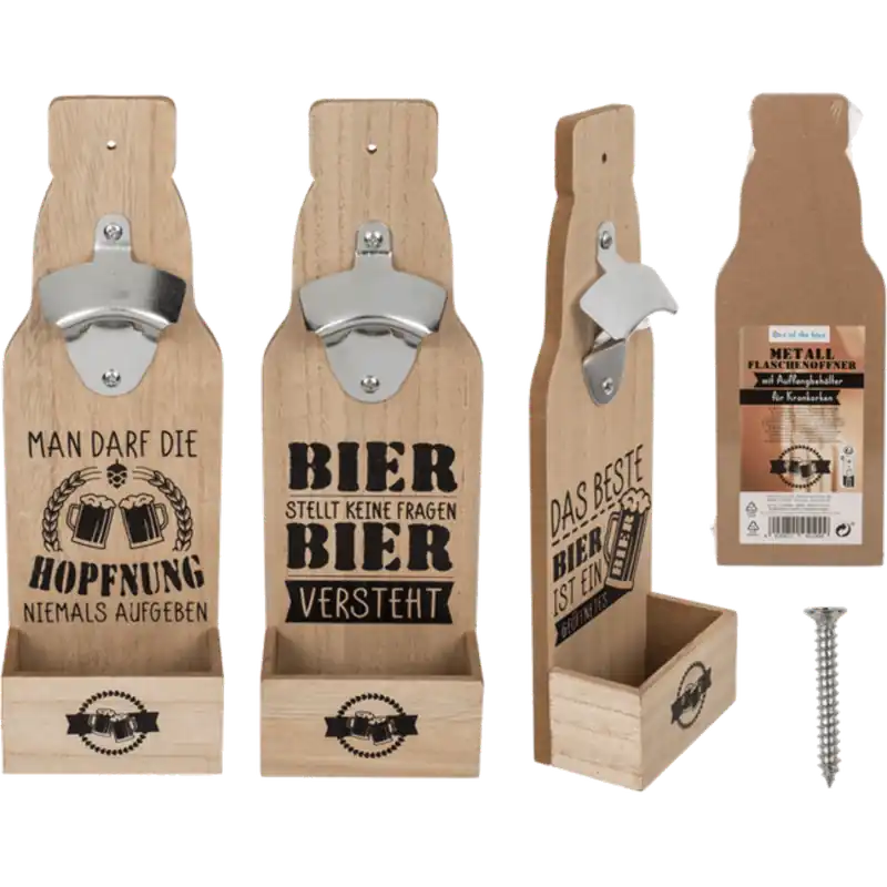 Billig Flaschenöffner Metall auf Holzbrett
