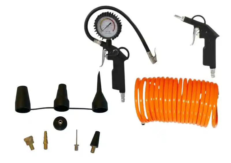 Wochenendangebot DAHLMANN Druckluft-Set 11-tlg Reifenfüller Spiralschlauch Ausblaspistole Adapterset Metall
