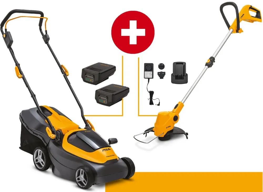 Stiga Akku-Rasenmäher Collector 136e Vorteils-Set mit Trimmer GT 100e - inkl 2x Akku 20v/2Ah und 2x LG C 215 M Sonderaktion