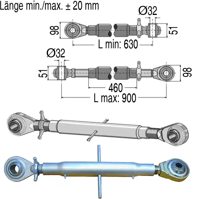 Oberlenker mechanisch, 630-900 mm, Kat. 3 Markenprodukt
