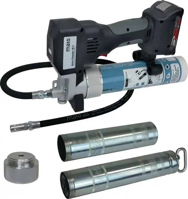 Neu Im Sortiment mato 18V Akku-Fettpresse Accu-Greaser PREMIUM-S-LSP AMPShare - inkl. GBA 2Ah Akku und GAL18V-40 Ladegerät