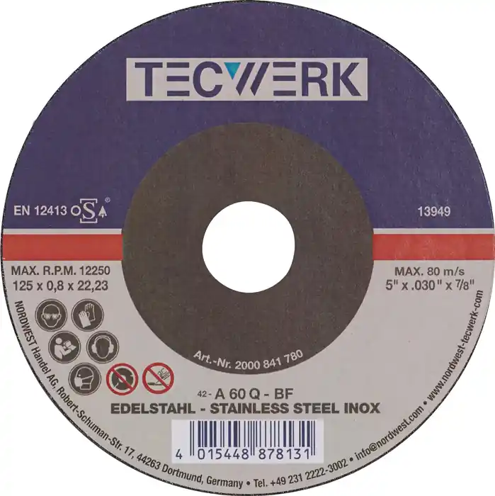 Trennscheibe D125x0,8mm gekr.INOX Bohr.22,23mm TECWERK VE: 25 Stück Neue Ware