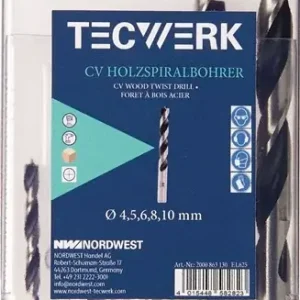 Holzspiralbohrersatz D.4,5,6,8,10mm 5tlg.CV-Stahl TECWERK Mega-Angebot