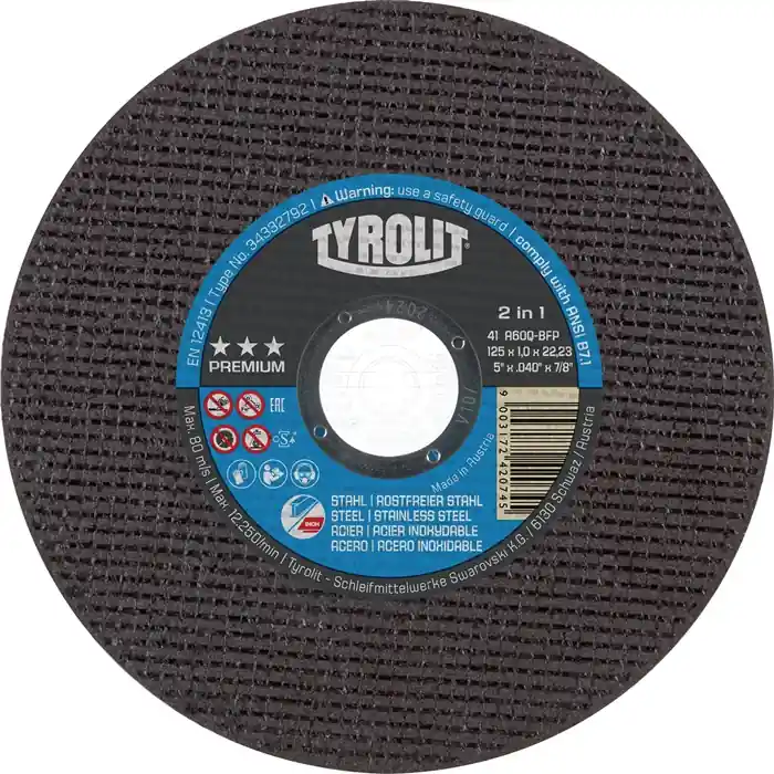 Trennscheibe PREMIUM D125x1,6mm ger.2in1 Bohr.22,23mm TYROLIT VE: 25 Stück Preis Gesenkt