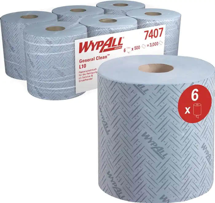 Finale Aktion Putztuch WYPALL L10 7407 L.ca.380xB.ca.183mm blau 1-lagig,perforiert,RCS 6 RL/KT