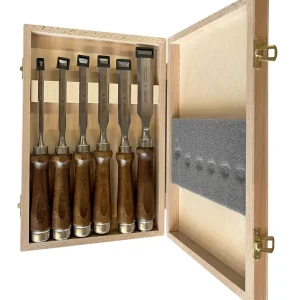 Geprüft ULMIA Stechbeitel-Satz in Holzkassette mit dunklem Holzheft - 6, 10, 12, 16, 20 und 26 mm