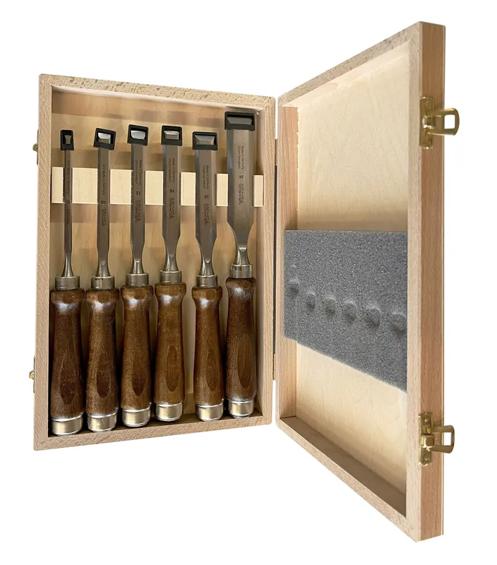 Geprüft ULMIA Stechbeitel-Satz in Holzkassette mit dunklem Holzheft - 6, 10, 12, 16, 20 und 26 mm