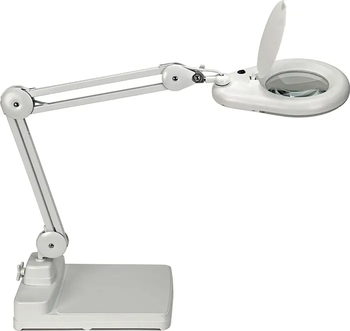 Nur Für Kurze Zeit LED-Lupenleuchte Glaslinse 127mm (5 Zoll) Standfuß weiß m.Abdeckung,runder Kopf