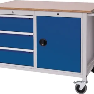 Preiswert Werkbank B1250xT750xH935mm Buche Multiplex lichtgrau/signalblau 3 Schubl.1 Tür
