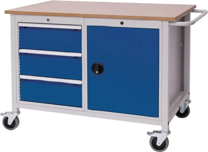 Preiswert Werkbank B1250xT750xH935mm Buche Multiplex lichtgrau/signalblau 3 Schubl.1 Tür