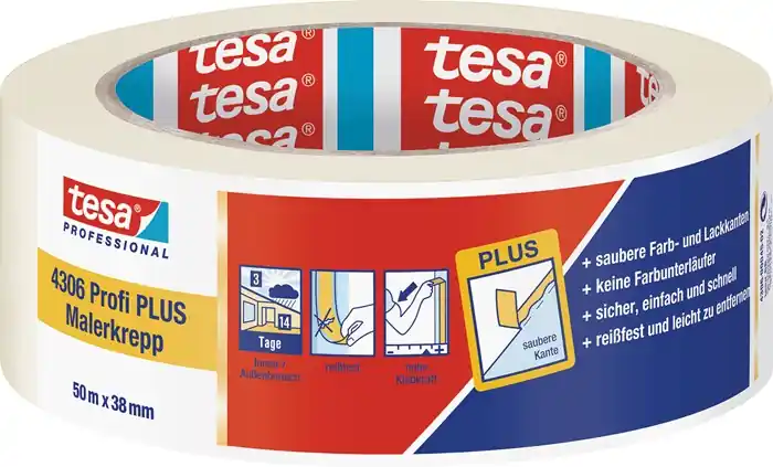 Malerkreppband 4306 Profi PLUS leicht gekreppt hellbeige L.50m B.38mm Rl.TESA VE: 8 Rollen Markenware