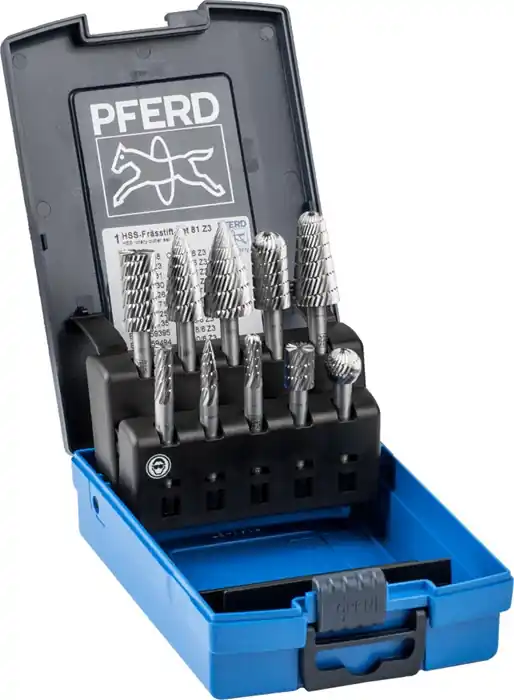 Ausverkauf Frässtifteset 81 Schaft-D.6mm 10-tlg.HSS 3 bruchfeste Ku.-Box PFERD