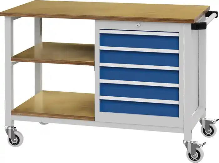 Werkbank B1200xT540xH880mm Buche Multiplex lichtgrau/signalblau 5 Schubl. Direktkauf