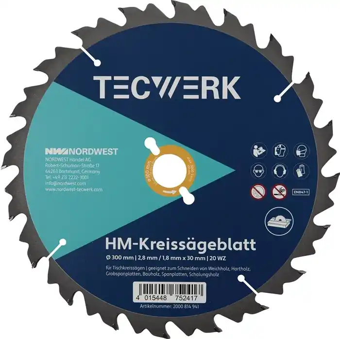 Geprüft Tischkreissägeblatt AD 300mm Z.20 WZ Schnitt-B.2,8mm TECWERK