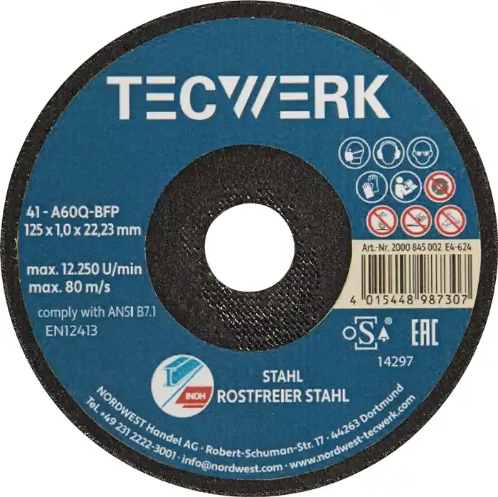 Sonderangebot Premium-Trennscheibe 2in1 D125x1mm ger.INOX/Stahl Bohr.22,23mm TECWERK VE: 25 Stück