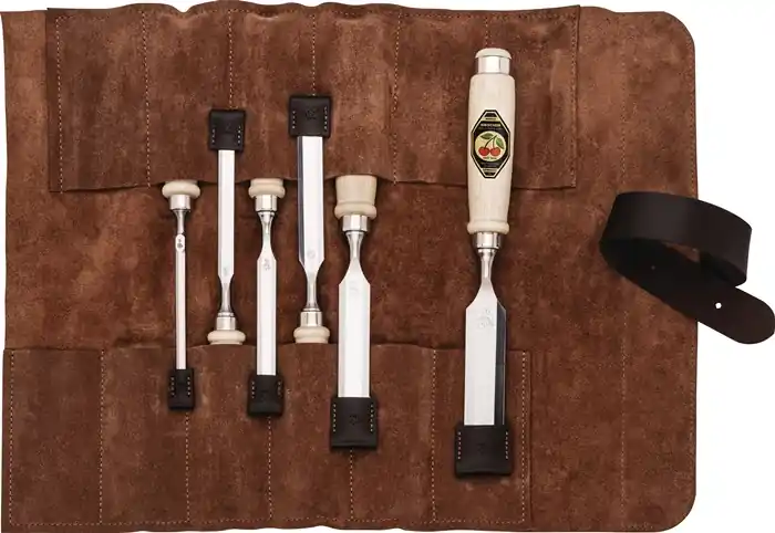 Stechbeitelsatz 6,10,12,16,20,26mm Weißbuchenh.6-tlg.Ledertasche KIRSCHEN Sofort Bestellen