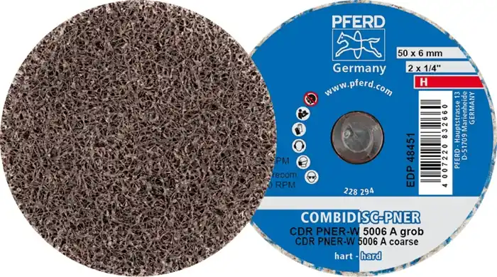 Vliesronde CDR PNER-H 5006 A F D.50mm K.G (grob) B.6mm H (hart) 19100min-¹ PFERD VE: 25 Stück Versand Am Gleichen Tag