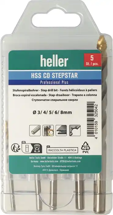 Markenprodukt Metallbohrer-Set DIN 338 Stepstar D.3-8 HSS-Co TiN 5-tlg.Multibox HELLER