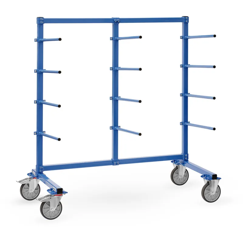 Markenprodukt fetra Tragarmwagen pulverbeschichtet blau RAL 5007 mit 12 Tragarmen 5° einseitig TPE-Bereifung