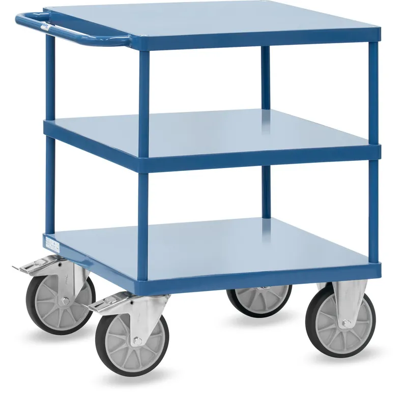 fetra Tischwagen mit Stahlblech-Wanne oder Plattform pulverbeschichtet brillantblau RAL 5007 mit 3 quadratischen Ladeflächen Super-Preis
