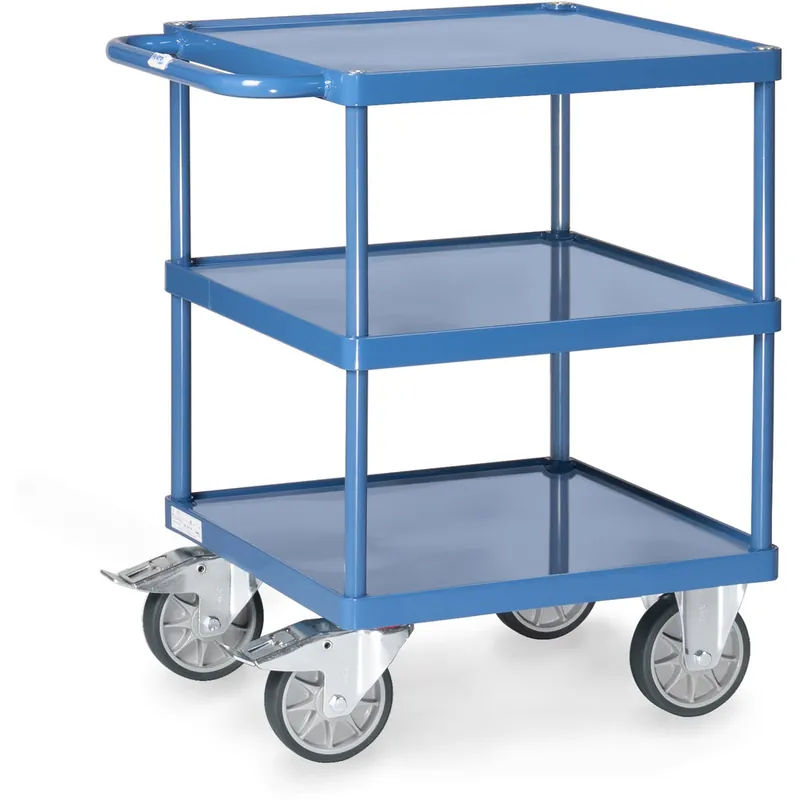 fetra Tischwagen mit Stahlblech-Wanne oder Plattform pulverbeschichtet brillantblau RAL 5007 mit 3 quadratischen Ladeflächen Markenware